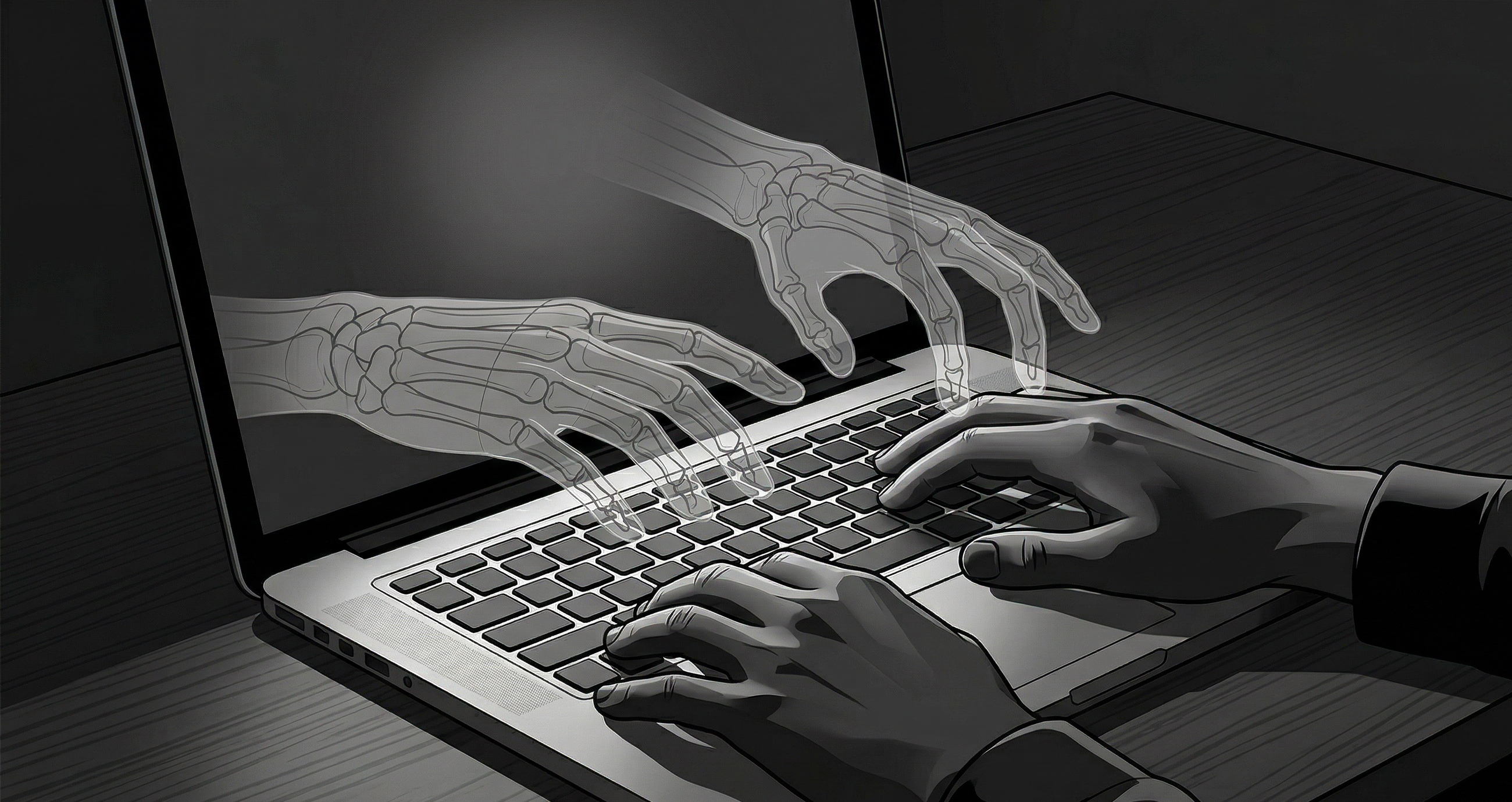 Abstract visualization of an account takeover attack chain converging on a compromised identity