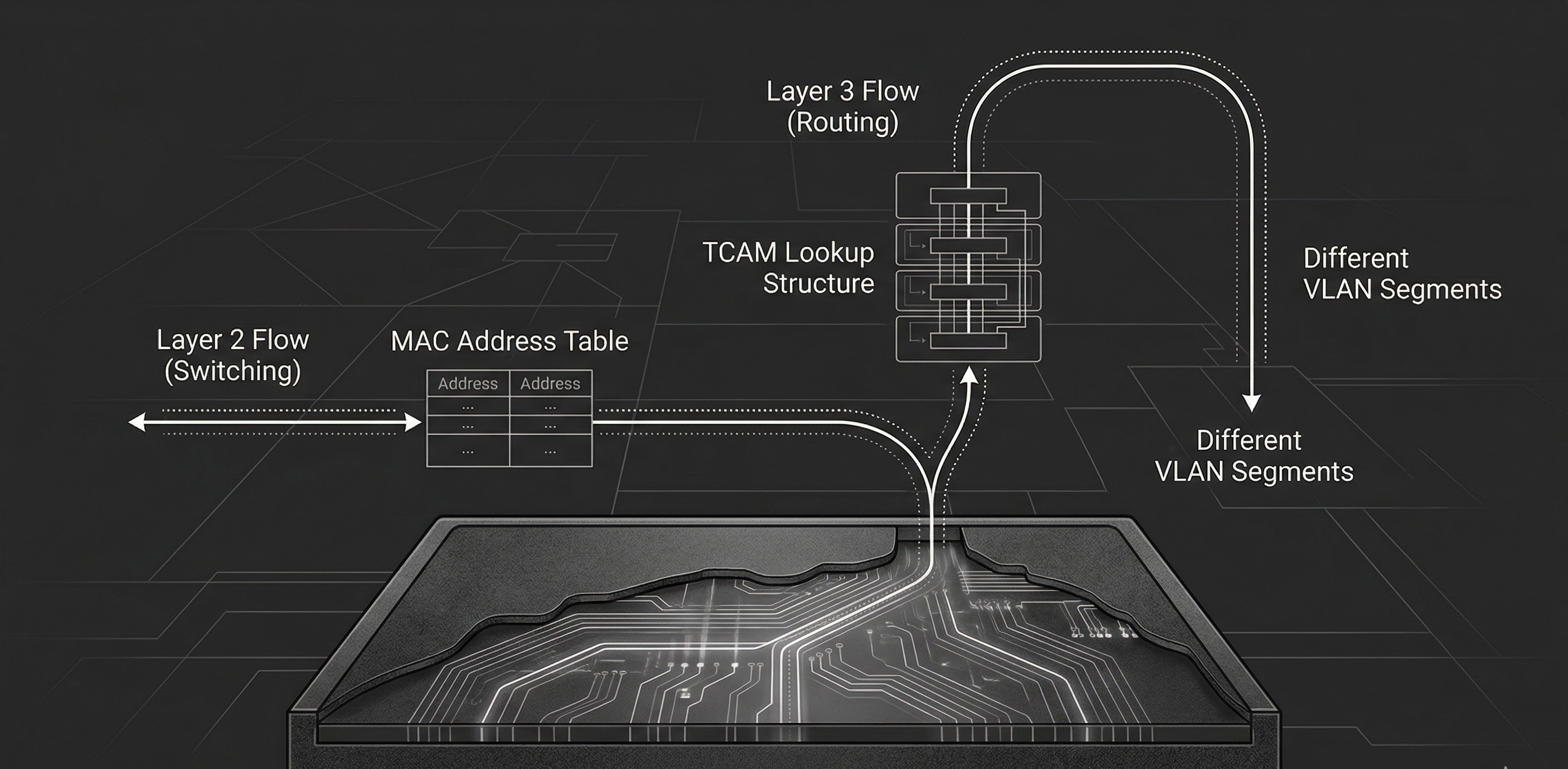 Diagram illustrating Layer 2 and Layer 3 switch forwarding paths in an enterprise network rack