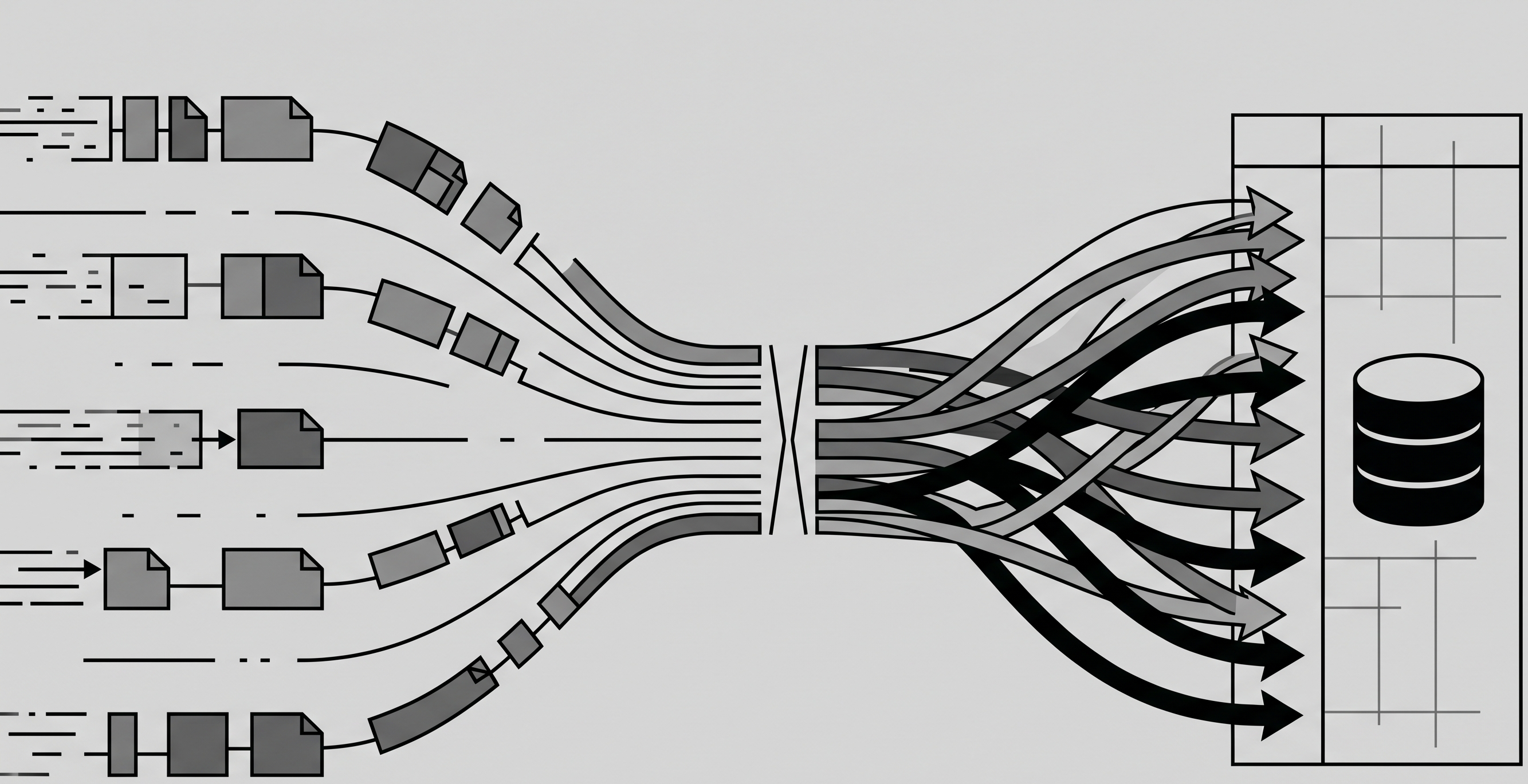 Diagram showing multiple concurrent request streams converging through a single bottleneck before fanning out to hit a shared database, illustrating the read-write gap in parallel web requests.