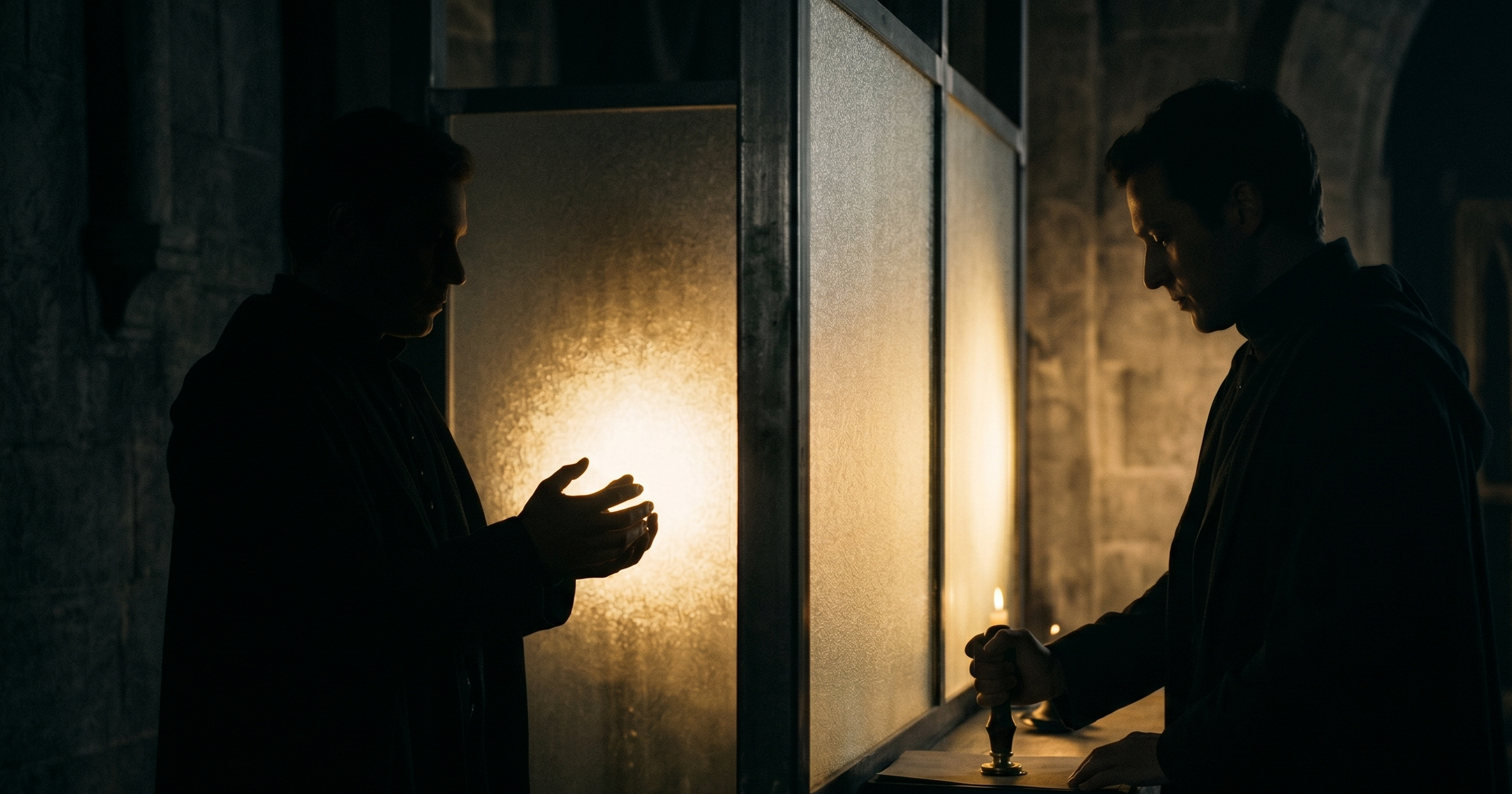 Two silhouetted figures separated by a frosted-glass divider — one cradling a glowing orb, the other stamping a seal of confirmation without ever seeing the orb itself