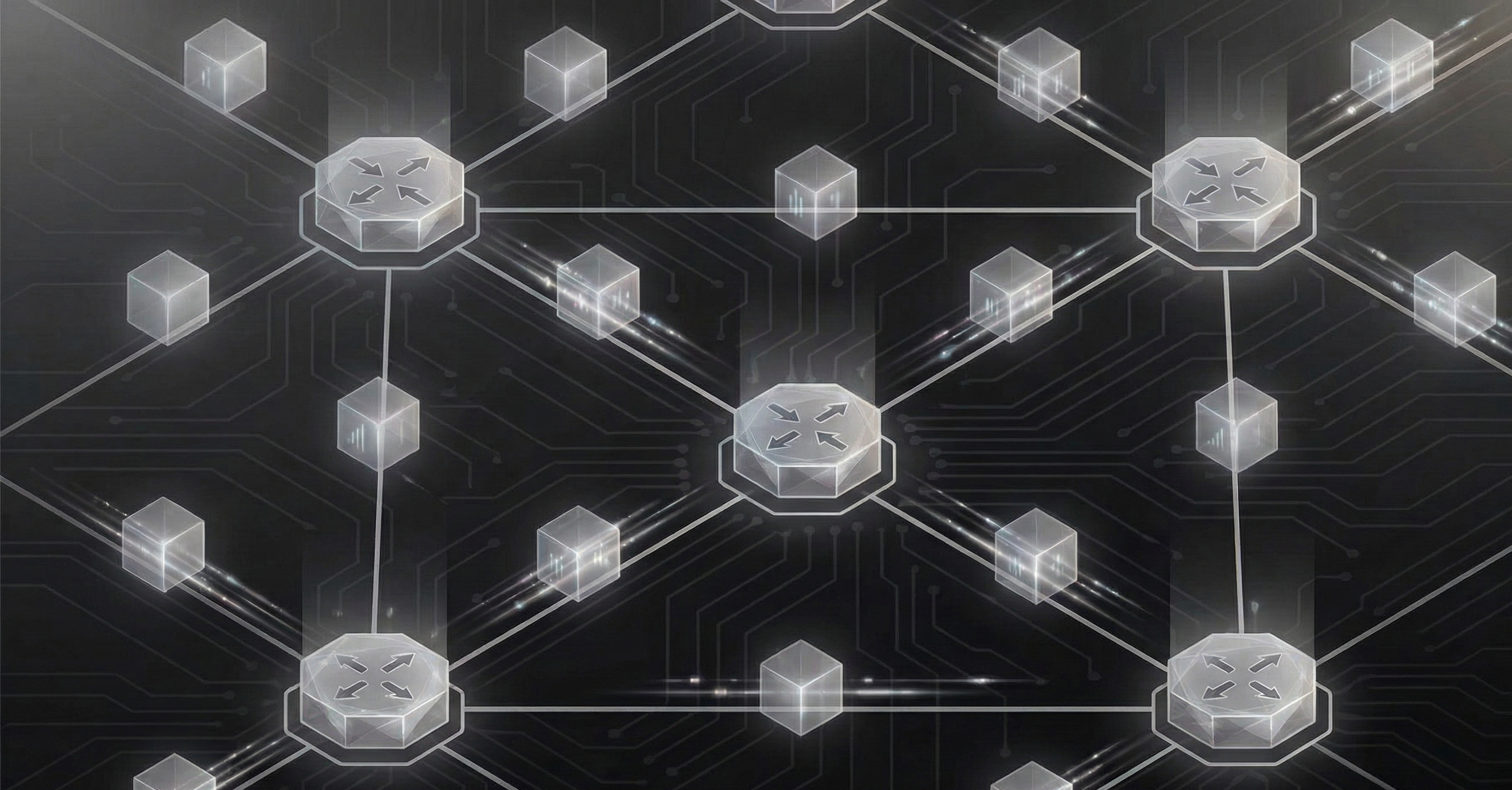 Abstract illustration of network packets being forwarded between interconnected routers