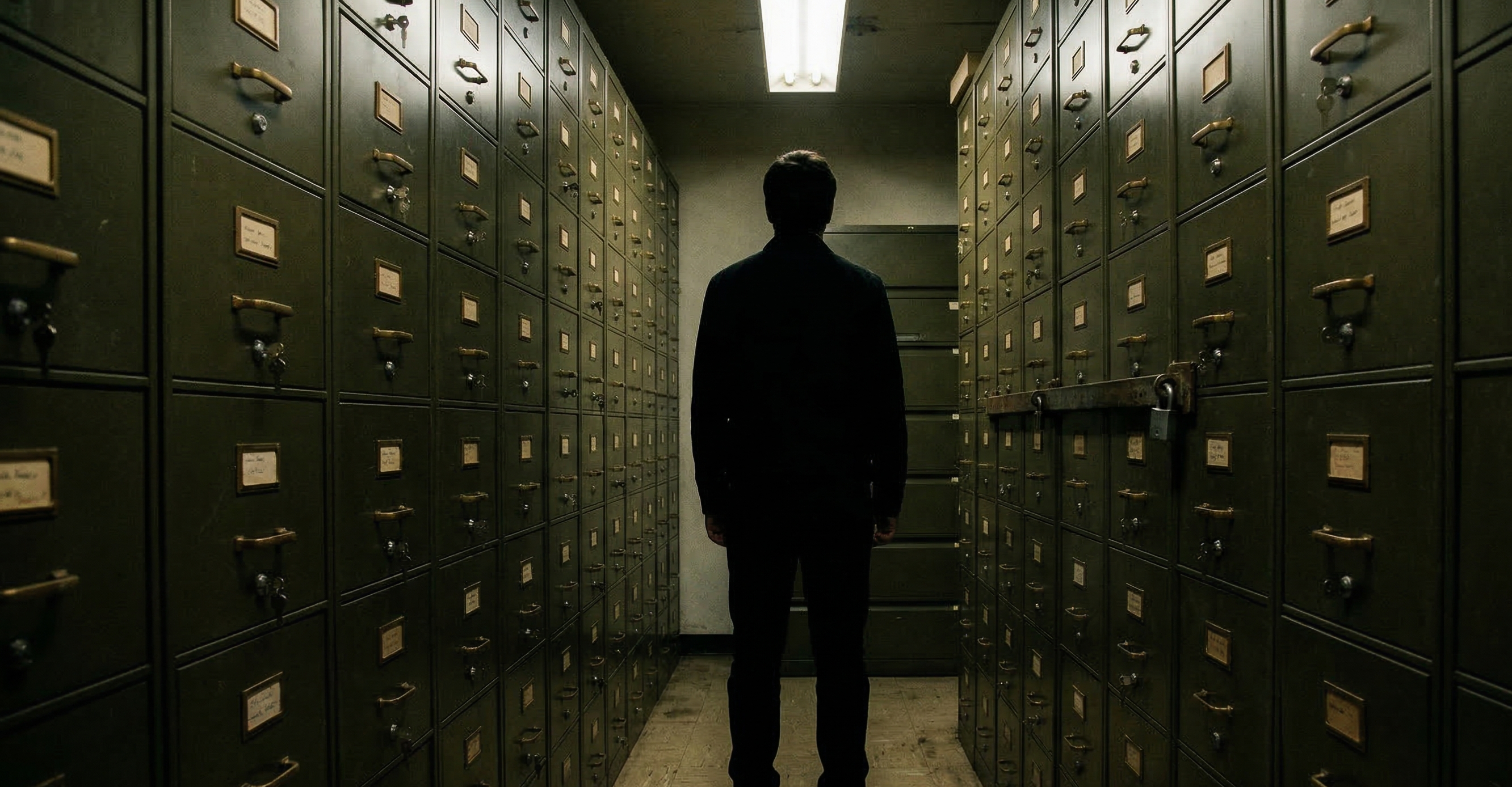 Silhouetted figure standing before a wall of locked filing cabinets